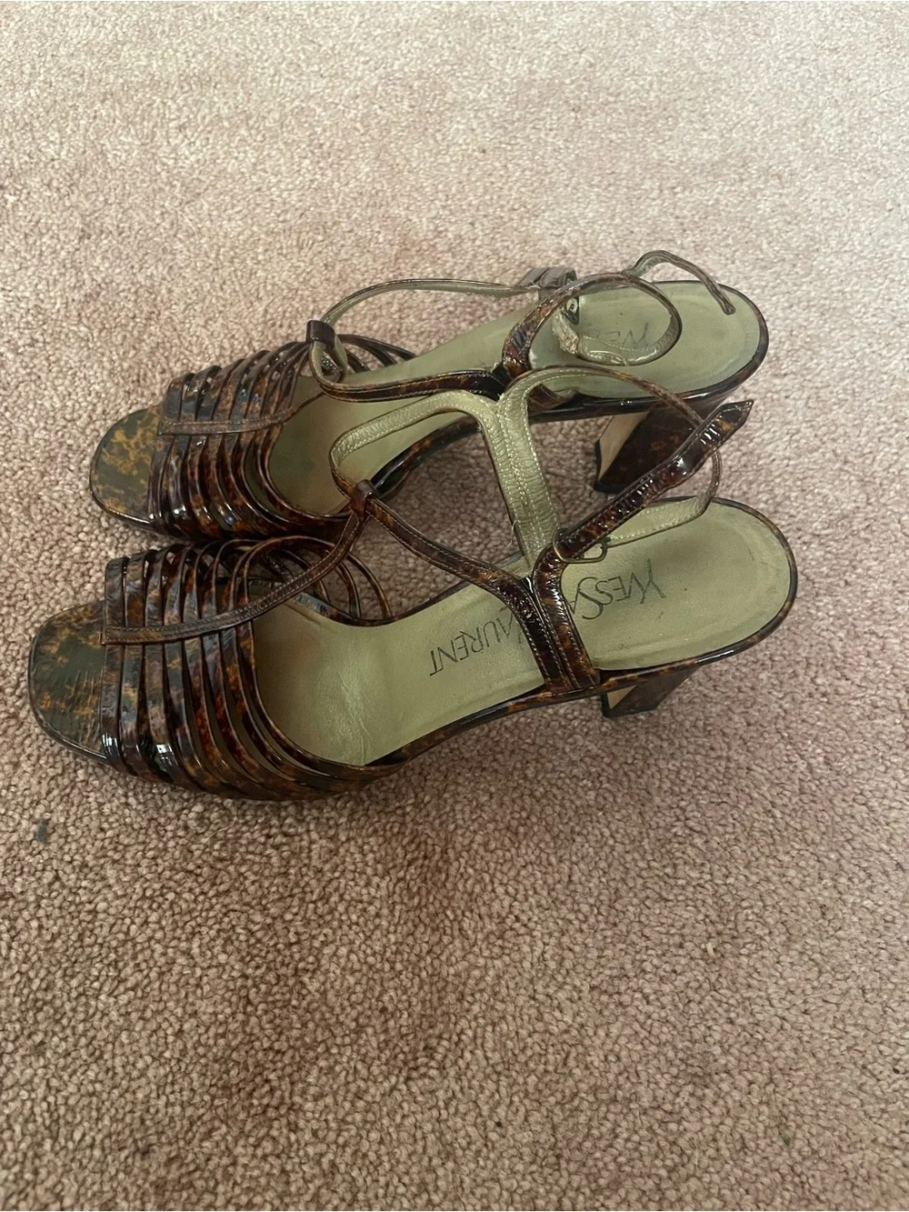 Yves Saint Laurent Brown Tortoiseshell Patent Strappy Heeled Sandals